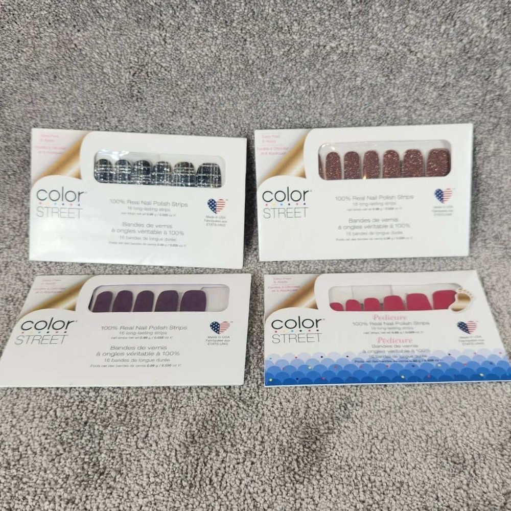 Color Street Nail Polish Strips 4pc Bundle - Glitter Plaid‎ Solid Red Purple